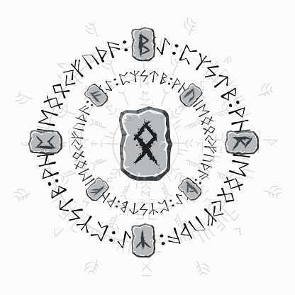 Old scandinavian runic stones symbols with circle icons isolated on white background