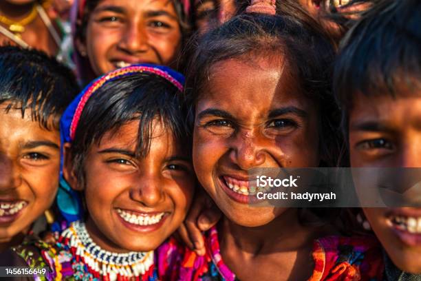 Group Of Happy Gypsy Indian Children Desert Village India Stock Photo - Download Image Now