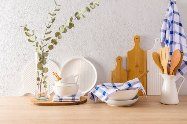 istock Beautiful kitchen background with eco-friendly items in the modern kitchen. wooden table top. modern kitchen without waste. 1456157994