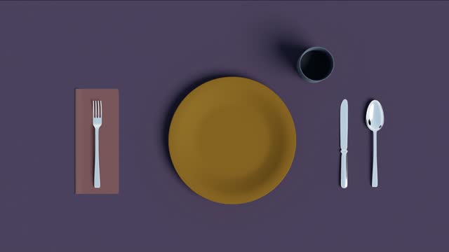 Simple dinner table setting of generic kitchen utensils in unconventional color scheme, 3d rendering. Tableware as mockup with copy space, basic dining set
