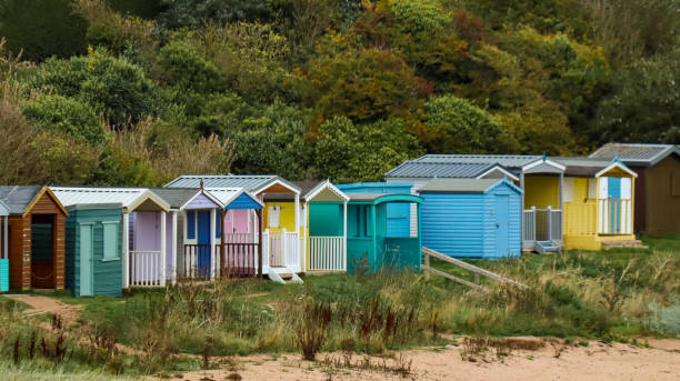 istock Colourful beach huts at Coldingham bay 1456159298