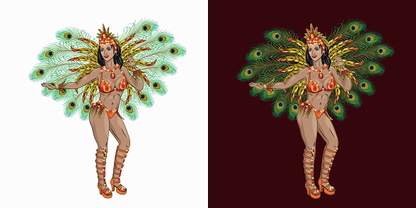 Brazilian samba female dancer. Carnival latino girl wearing shiny festival costume with colorful feathers. Vector illustration for Brazilian carnival in vintage style.