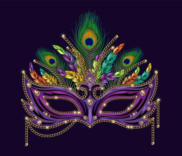 karnawałowa fioletowa maska ozdobiona koralikami, wiązką kolorowych piór, złotymi łańcuchami. szczegółowa ilustracja w stylu vintage - mardi gras stock illustrations