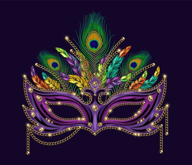 Carnival purple mask decorated with beads, bundle of colorful feathers, golden chains. Detailed illustration in vintage style Carnival purple mask decorated with beads, bundle of colorful feathers, golden chains. Detailed illustration in vintage style purple and gold masquerade masks stock illustrations