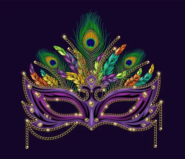Vector illustration of Carnival purple mask decorated with beads, bundle of colorful feathers, golden chains. Detailed illustration in vintage style