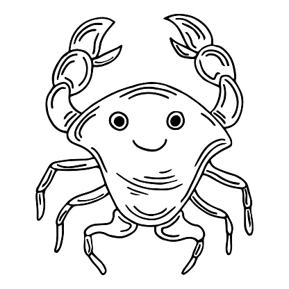 Cute smiling crab with claws isolated on white background. Vector hand-drawn illustration in doodle style. Perfect for cards, logo, decorations, summer designs. Funny kawaii character.