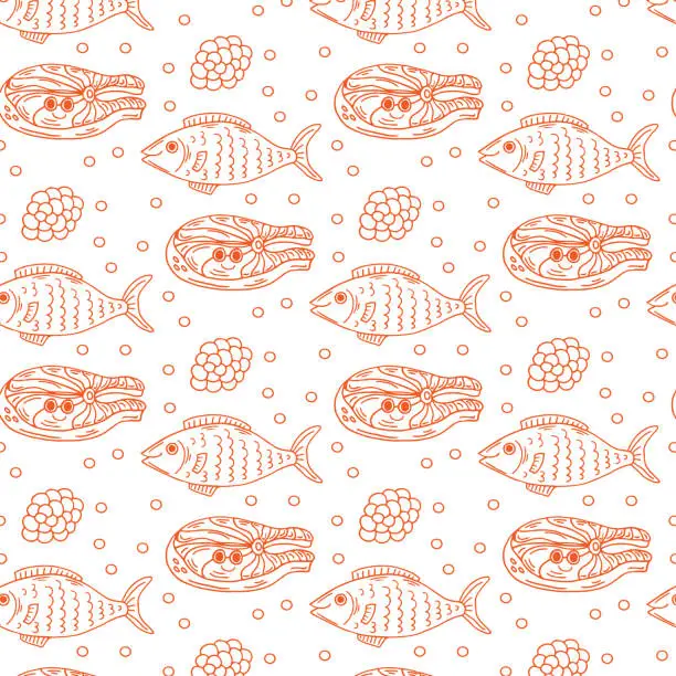Vector illustration of Seamless pattern with Salmon steak , conceptual sea food background, flat lay composition. Vector illustration. Fish ornament.