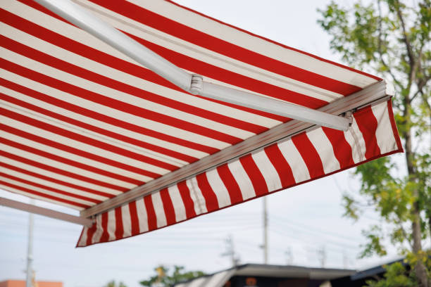 istock white and red strip awning. out door canvas roof. 1456163441