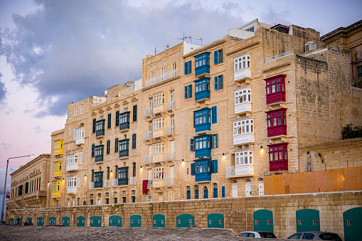 An old house with colorful balconies in the historical part of Valletta on the island of Malta