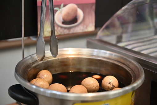 A shot of tea egg in the convenience store which is a popular food in Taiwan.