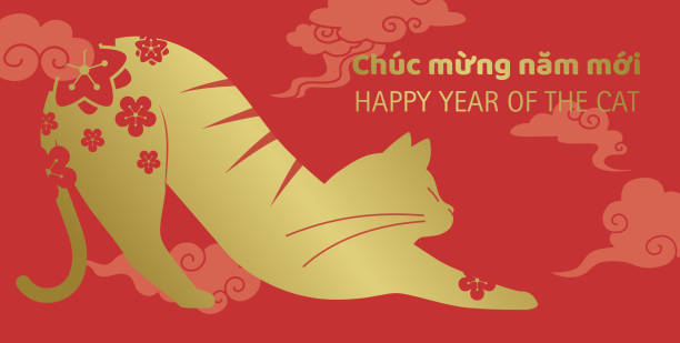 Cute cat stretching vietnamese new year of the cat Cute cat stretching pose vietnamese new year of the cat. Cat silhouette in paper cutting style with clouds background. Vietnamese lunar new year 2023, Tết Nguyên Đán banner illustration background. chinese zodiac sign stock illustrations