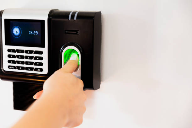 istock Finger print scan security system on wall in a office building 1456166919
