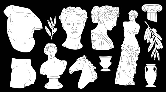 Antique marble statue. Greek or roman sculptures, gods and goddesses. Hand drawn body parts and faces white silhouettes. Classic statues on black, man woman column and vase, vector cartoon flat set