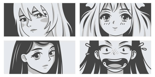 Set of close up faces manga girls Set of close up faces manga girls black and white anime girl stock illustrations