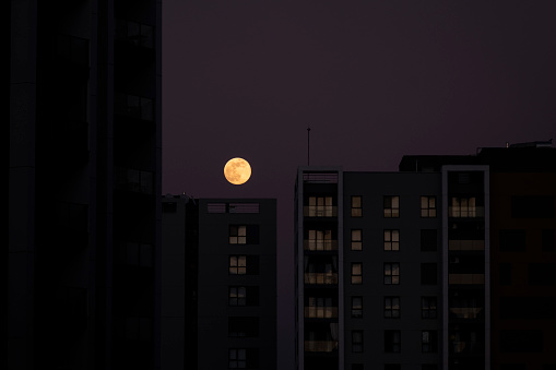 The full moon slowly rising behind large apartments at dusk