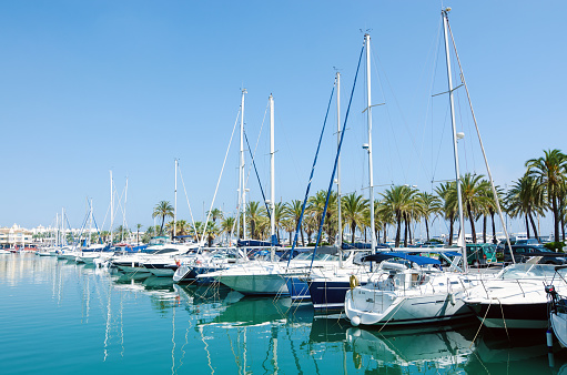 Panorama of azure bay near Alicante resort with sea sailing yachts and boats, Spain. Wide panorama with coastline of Tabarca Island with many sailing ships and tourist at sea.