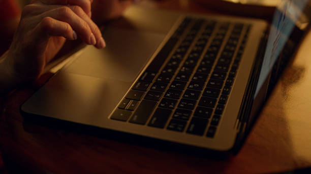 istock Ceo hands typing laptop computer in business trip closeup. Manager making report 1456169904