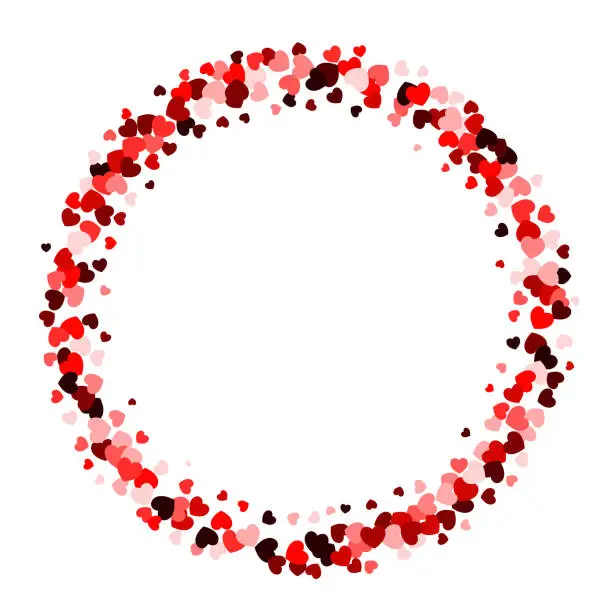 Vector illustration of Red heart round frame with space for text. Wreath made from confetti hearts. Background for Valentine's Day or Weddings and Mother's Day