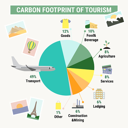 Carbon footprint of tourism sector. Carbon footprint infographic. Greenhouse gas emission by sector. Environmental and ecology concept. True data. Flat vector illustration.