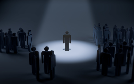 Outsider, 3d illustration of a man lonely among groups of people