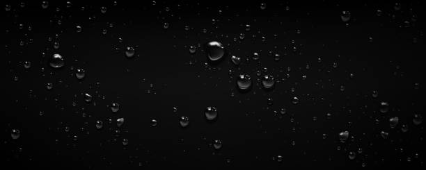 Black background with clear water drops Black background with clear water drops from rain, dew or steam condensation. Wet surface with liquid raindrops, pure aqua bubbles, vector realistic illustration black background stock illustrations