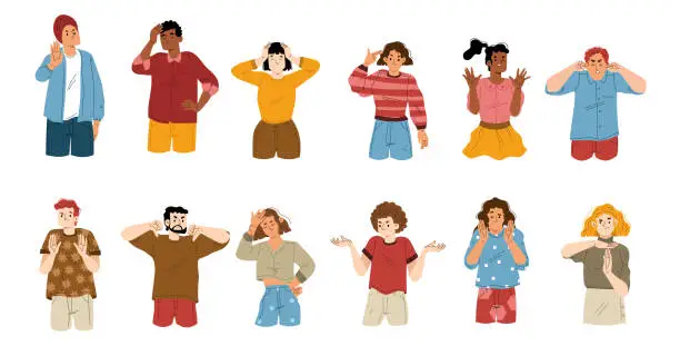 Vector illustration of Diverse people express disagree feelings, emotions