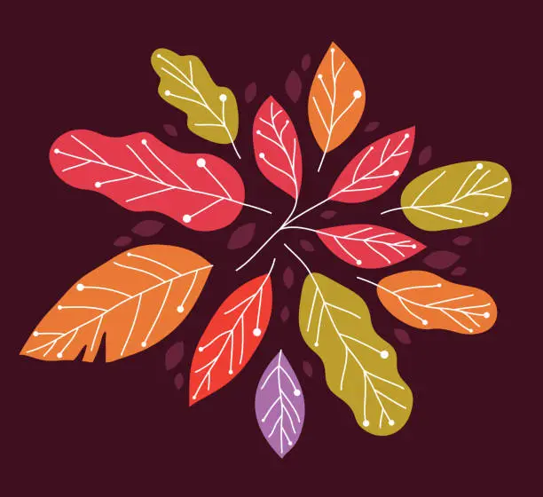 Vector illustration of Yellow and red autumn leaves beauty of nature vector flat illustration on dark background, fall foliage drawing composition.