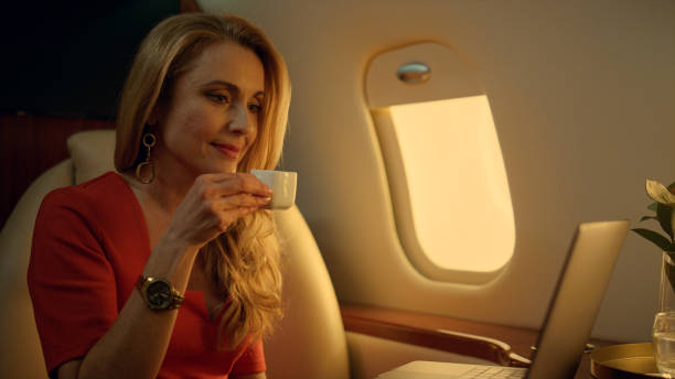 istock Happy entrepreneur browsing internet on private jet closeup. Elegant lady rest 1456173789