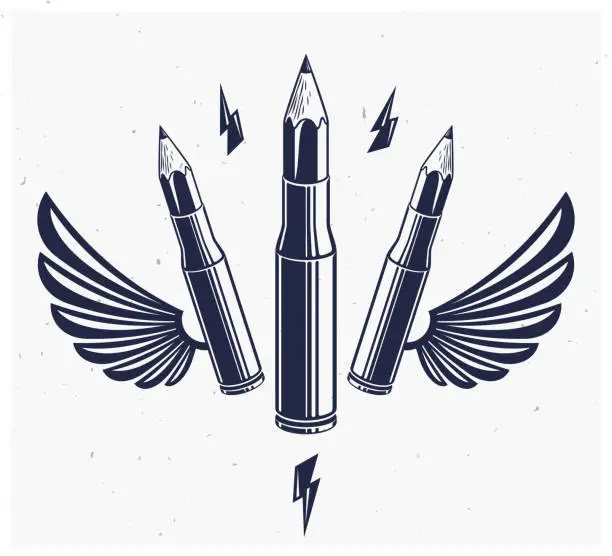 Vector illustration of Idea is a weapon concept, weapon of a designer or artist allegory shown as a winged firearm cartridge cases with pencils instead of bullet, creative power, vector logo or icon.