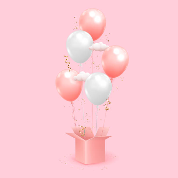 istock Pink gift box with balloons. Valentine's Day or wedding day romantic pink background with open pink gift box and balloons. Holiday banner. Birthday party background with copy space. 1456174088