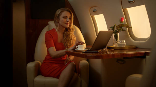 istock Entrepreneur working laptop computer on corporate first class journey alone. 1456174323