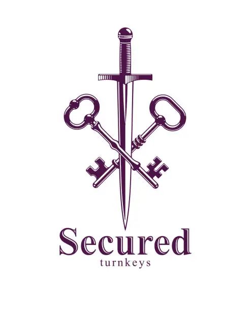 Vector illustration of Crossed keys and dagger vector symbol emblem, turnkeys and sword, protected secrets, secured power, ancient vintage logo or emblem.