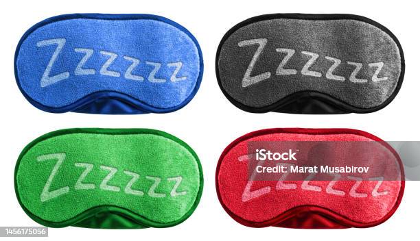 Collection Of Sleeping Eye Masks On White Stock Photo - Download Image Now - Black Color, Blindfold, Blue
