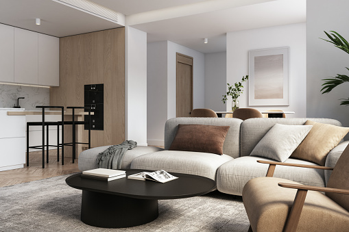 Living room interior design- 3d render gray, brown and beige colored furniture and wooden elements