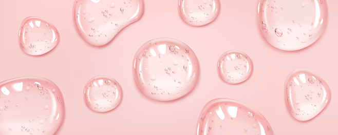 Abstract background with clear serum or gel drops with air bubbles. Closeup of pure skincare cosmetic product, transparent lotion droplets, vector realistic illustration