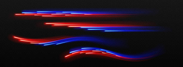 Light motion effect, speed road traffic glow Light motion effect, speed road traffic glow at night. Abstract wavy and straight blue and red light lines, shiny strips isolated on transparent background, vector realistic set wave png stock illustrations