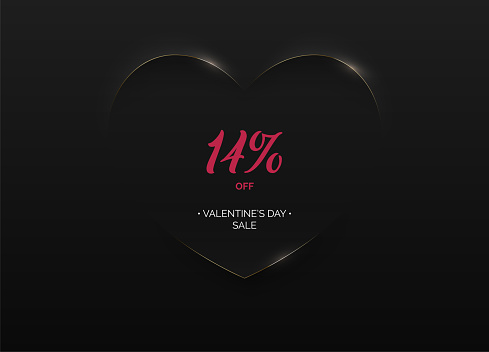 Minimalist black soft 3D heart shape abstract golden edge frame. 14 percent sale pink text. Valentine's day sale vector design illustration. Luxury geometric minimal promo poster, card, banner.