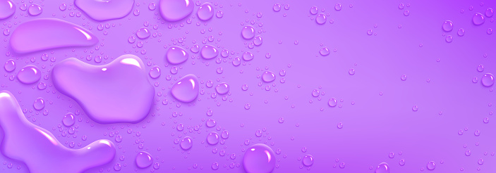 Liquid collagen, serum drops on purple background. Pure water splash, clear droplets and spills of skin care cosmetic, vector realistic illustration with copy space