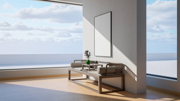 istock Interior mockup illustration with decor, 3d render, white wall with blank board 1456176709