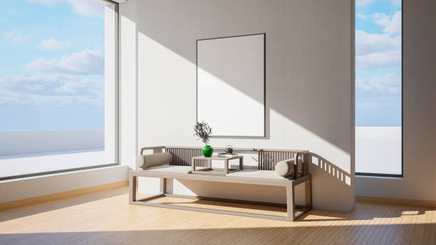 istock Interior mockup illustration with decor, 3d render, white wall with blank board 1456176738