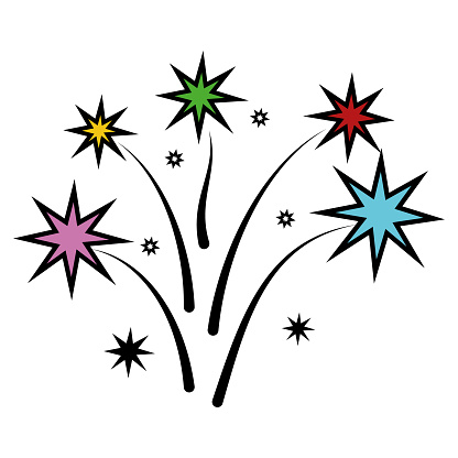 A set of cartoon colorful vector illustrations of stars, comet, salute, fireworks, isolated on a white background
