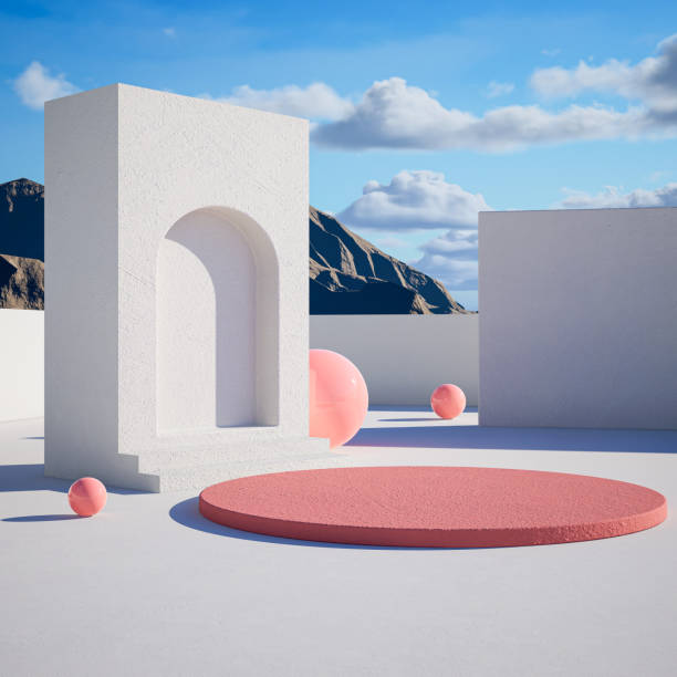 3d geometric showcase with beautiful blue sky background