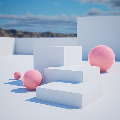 3d geometric showcase with beautiful blue sky background