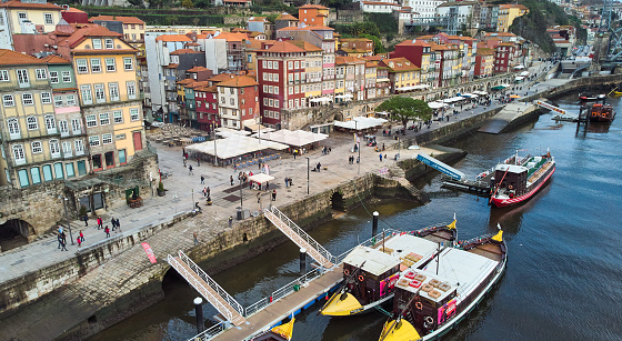 Aerial view of the old city of Porto. Portugal old town ribeira aerial promenade view with colorful houses. High quality photo