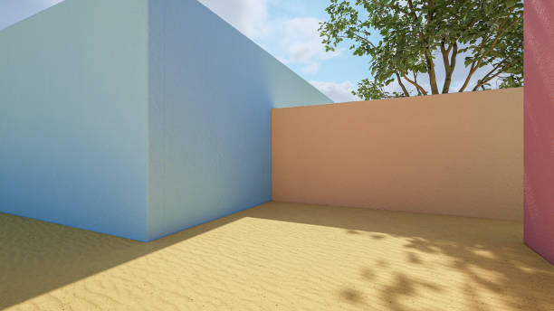 istock 3d geometric showcase with beautiful blue sky background 1456184297