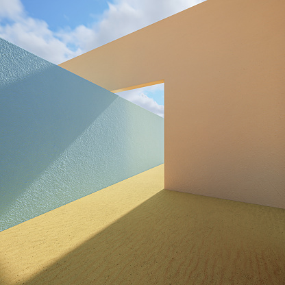 3d geometric showcase with beautiful blue sky background