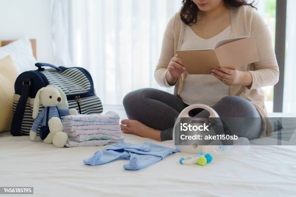 Asian Pregnant Woman Prenatal Calendar Planner And Baby Monitor Utensils Container Preparation For Pregnancy Concept Stock Photo - Download Image Now