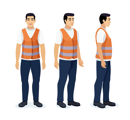 Young man in a safety vest. Worker in a reflective vest. Different poses design.