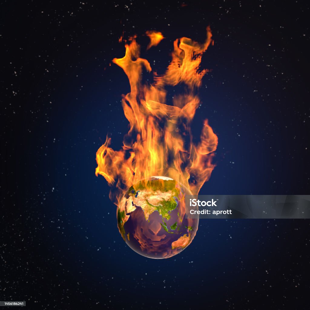 Global Warming Concept: The earth is on fire. Flames erupting from planet earth. Generated with 3d Software. NASA material used (https://de.wikipedia.org/wiki/Datei:Nasa_land_ocean_ice_8192.jpg) Planet - Space Stock Photo