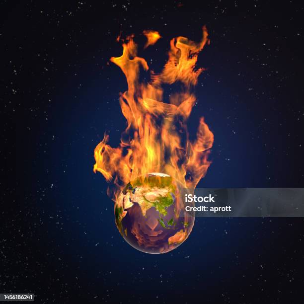 Global Warming Concept The Earth Is On Fire Flames Erupting From Planet Earth Generated With 3d Software Nasa Material Used Stock Photo - Download Image Now